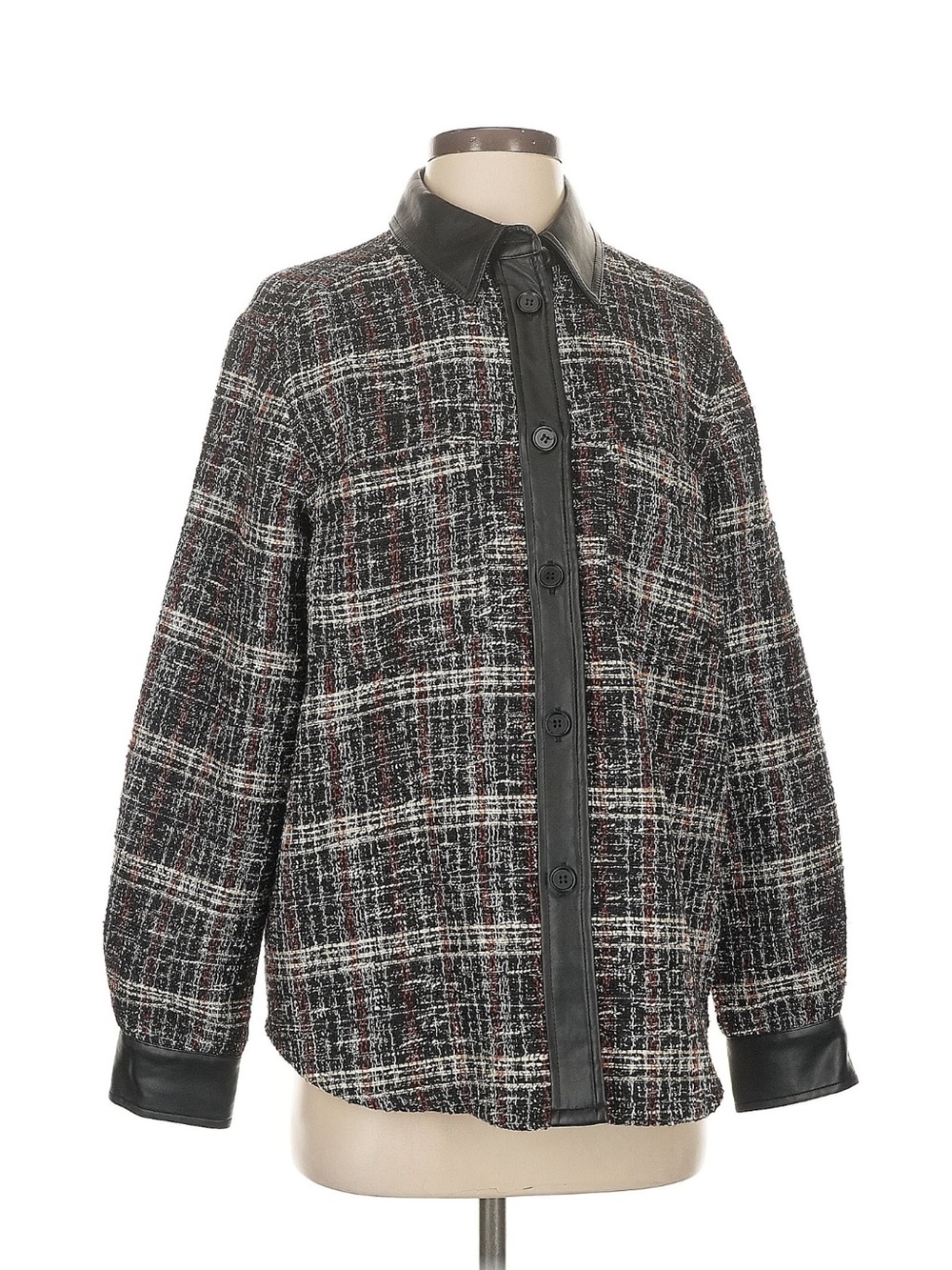 Central Park West Black & Gray Tweed Jacket with Leather Trim